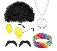 Abitoncc 6 Pcs Hippie Accessories 70s Fancy Dress Men Funky Afro Wig for Men, Peace Sign Necklace, Sunglasses, Mustache 60s Hippie Costume for Men 50s /60s / 70s Themed Party Hippy Accessories, Black