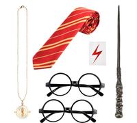 Abitoncc 6 PCS Wizard Costume Set Wizard Magic Wand and Glasses Wizard Tie, Wizard Necklace for Halloween Costume Party Wizard Cosplay Fancy Dress Outfit Accessories for Adults Men and Women