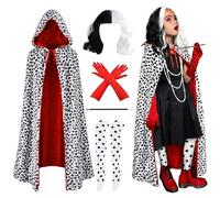 Abitoncc 6PCS Deville Costume Cloak Set，Black & White Cape, Red Gloves, Spot Stockings, Deville Cosplay Accessories for Halloween Themed Cosplay, World Book Day Costume Cloak (spot)