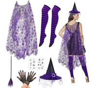 Abitoncc 7 PCS Halloween Witch Costume Adult Women with Spider Web Cape, Witch Hat, Broom Prop,Stripe Stockings for Halloween Costume Women Adults Kids Girls Purple 120cm