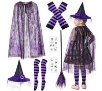 Abitoncc 7PCS Halloween Witch Costume Kids, Purple Spider Web Cape, Hat, Broom, Sleeves and Stripe Stockings for Witch World Book Day Halloween Costume Kids Girls 90cm