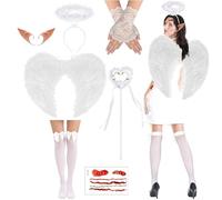 Abitoncc 8 PCS White Angel Wings and Halo Set - Adult Women Angel Halloween Costume with Elf Ears, Stockings & Lace Gloves