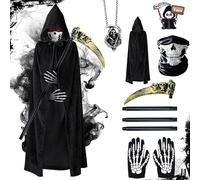Abitoncc Black Grim Reaper Costume 5 PCS - Halloween Skeleton Fancy Dress With Cloak, Skull Gloves, Cosplay Accessories - Party Favors for Adolescent 130