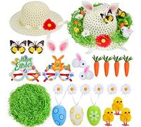 Abitoncc Easter Bonnet Decorations Kit Make Your Own Easter Bonnet Hat for Kids Easter Bonnet Hat Decorations Straw Hat Chicks Eggs Bunnies Carrots Grass Easter Bonnet Decorations Kit Girls