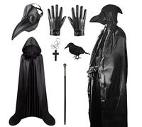 Abitoncc Plague Doctor Costume - Adult Mask, Black Hooded Cloak, Leather Gloves, Crow Prop, Steampunk Long Nose Bird Mask for Halloween - Costume for Women and Men