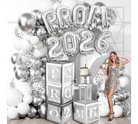 Abitoncc Prom Decorations 2026 Silver Balloon Boxes with “prom 2026 ” Letters Silver Latex Balloons for High School College Graduation Decorations Prom 2026 Balloon Boxes