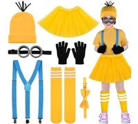 Abitoncc Yellow Costume for Kids World Book Day Costume Yellow Beanie Knit Hat, Steampunk Goggles Glasses, Bow Tie, Shoulder Strap, Stockings for Child Halloween World Book Day Costume Girls