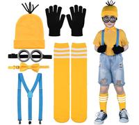 Abitoncc Yellow Costume for Kids World Book Day Costume Yellow Beanie Knit Hat, Steampunk Goggles Glasses, Bow Tie, Shoulder Strap, Stockings for Child Halloween World Book Day Costume Boys