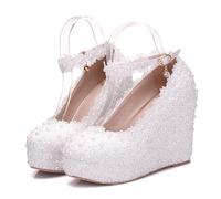 ABJGHYUT White Lace Wedding Shoes Wedges Heels Platform Wedges Shoes Round Toe Wedges Pumps Bridal Shoes,White,34