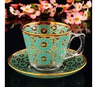 ABKAKRISTAL Set of 6 Coffee-Espresso Cups with Handles Turkish Style - Turquoise & Gold
