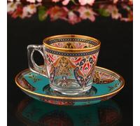 ABKAKRISTAL Turquoise Gold Embroidered Turkish Tea Cup & Saucers Set for 6 People, 63 97301 GK95