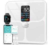 ABLEGRID Body Fat Scale,Digital Smart Bathroom Scale for Body Weight,Large Color Display Screen,16 Body Composition Metrics BMI,Water Weigh,Heart Rate,Baby Mode,400lb,Rechargeable (White)