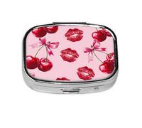ABLESKY Pill Box, 2 Compartment Pill Organizer Case for Pocket or Purse, Small Portable Metal Travel Medicine Box with Mirror, Daliy Vitamins Fish Oil Container-Cherry Pink Bow with Red Lips