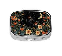 ABLESKY Pill Box, 2 Compartment Pill Organizer Case for Pocket or Purse, Small Portable Metal Travel Medicine Box with Mirror, Daliy Vitamins Fish Oil Container-Cat and Moon Forest Floral