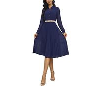 AbleTree Pleated Work Dress for Women Long Sleeve Midi Collared Dresses for Office Business Casual Church, Navy Blue, L