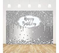 ABLIN 7x5ft Happy Birthday Backdrop Dripping Glitter Crystal Diamond Silver Photo Background Girls Women Bday Party Decorations Cake Table Banner Wall Decor Props