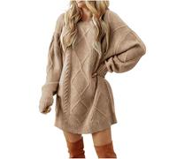 ABLYTMIAQ Women's Cable Knit Sweater Dress Round Neck Drop Shoulder Long Sleeve Knitted Dresses Casual Loose Textured Pullover Sweater Fall Winter Heavy Tunic Jumpers UK Khaki