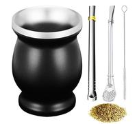 ABM&Y Yerba Mate Cup and Bombilla Set, Gourd Tea Cup Kit with 2 Straws and Cleaning Brush, Convenient Travel, Stainless Steel Double Walled Anti Scalding, Easy to Clean (Black A)
