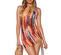 ABMOIU Sexy Mini Print Mesh Dress for Women, See Through Sleeveless Stretchy Bodycon Short Summer Dresses, Multicolor, XS