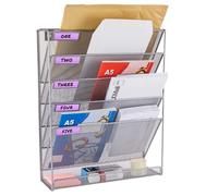 ABN Finest Wall Mounted Magazine Rack Hanging File Document Holder Organiser for Letter, Literature Display, A4 Paper, Newspaper, Books - Metal Mesh 6-Tier Silver