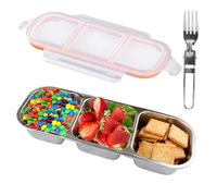 Abnaok Stainless Steel Snack Box, Reusable Snackle Container with Airtight Lids, 3 Compartments Bento Lunch Box for Fruit, Nut (Orange, 600ml)