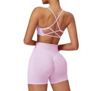 ABOCIW 2 Piece Seamless Workout Sets for Women Scoop Neck Strappy Sports Bra Scrunch Butt Lifting Gym Impact Shorts, Pink, Large