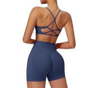 ABOCIW 2 Piece Seamless Workout Sets for Women Scoop Neck Strappy Sports Bra Scrunch Butt Lifting Gym Impact Shorts, Dark Sapphire Blue, Large