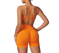 ABOCIW 2 Piece Seamless Workout Sets for Women Scoop Neck Strappy Sports Bra Scrunch Butt Lifting Gym Impact Shorts, Orange, Large