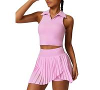 ABOCIW Two Piece Tennis Skirt Sets for Women Polo Neck Tank Top with Bra and Pleated Skort with Pockets Golf Outfits, #1 Pink, L