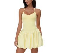 ABOCIW Womens Bubble Tennis Dress Squre Neck Sleeveless Workout Golf Athletic Dresses Build in Shorts with Pockets, Spaghetti Strap Lemon Yellow, M