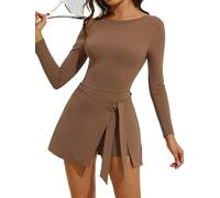 ABOCIW Womens High Neck Tennis Dress Sleeveless Wrap Skirt Built in Shorts Golf Athletic Dress Workout Rompers, Y-Brown, M