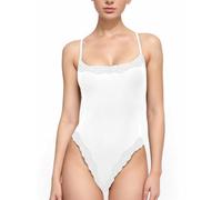 ABOCIW Womens Lace Bodysuits Square Neck Sleeveless Spaghetti Strap Bodysuit Tank Tops Basic Cami Shirts, White, Small