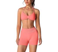 ABOCIW Womens Seamless Workout Sets 2 Piece Strappy Halter Sports Bra Scrunch Butt Shorts Gym Yoga Outfits, #1 Coral, Medium