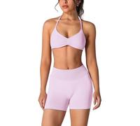 ABOCIW Womens Seamless Workout Sets 2 Piece Strappy Halter Sports Bra Scrunch Butt Shorts Gym Yoga Outfits, #1 Pink, S