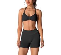 ABOCIW Womens Seamless Workout Sets 2 Piece Strappy Halter Sports Bra Scrunch Butt Shorts Gym Yoga Outfits, #1 Black, Small