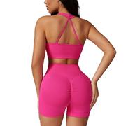 ABOCIW Womens Seamless Workout Sets V Neck Sports Bra Scrunch Butt High Waist Biker Shorts 2 Piece Gym Yoga Outfits, Rose, XL