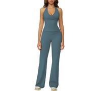 ABOCIW Womens Two Piece Workout Sets Wrap Halter Tank Top Matching High Waist Flared Leggings Yoga Pilates Outfits, Teal, 0-2