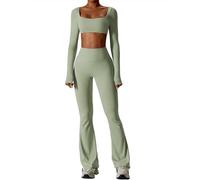 ABOCIW Workout Sets for Women 2 Piece Long Sleeve Crop Tops High Waist Flared Leggings Gym Sets, Y-Green, M