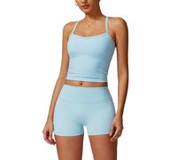 ABOCIW Workout Sets for Women 2 Piece Padded Sports Bra Tank High Waist Booty Gym Shorts Active Yoga Outfits, Sky Blue, XS