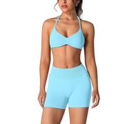 ABOCIW Workout Sets for Women 2 Piece seamless Halter Sports Bra Scrunch Butt Impact Shorts Gym Yoga Outfits, #1 Ice Blue, Medium
