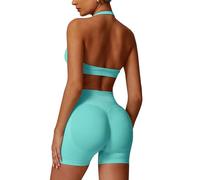 ABOCIW Workout Sets for Women 2 Piece seamless Halter Sports Bra Scrunch Butt Impact Shorts Gym Yoga Outfits, Mint Green, Large