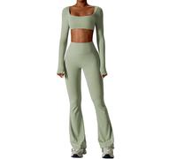ABOCIW Workout Sets for Women 2 Piece Square Neck Long Sleeve Crop Tops High Waist Flared Leggings Gym Sets, Y-green, XS