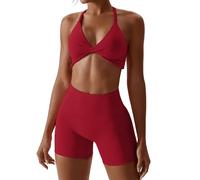 ABOCIW Workout Sets for Women 2 Piece Twist Front Halter Sports Bras High Waist Biker Shorts Exercise Gym Yoga Outfit, Cherry Red, Large