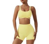 ABOCIW Workout Sets for Women 2 Piece Twist Front Halter Sports Bras High Waist Biker Shorts Exercise Gym Yoga Outfit, Y-yellow, Medium