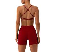 ABOCIW Workout Sets for Women 2 Piece Twist Front Halter Sports Bras High Waist Biker Shorts Exercise Gym Yoga Outfit, W-cherry Red, Medium