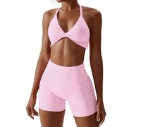 ABOCIW Workout Sets for Women 2 Piece Twist Front Halter Sports Bras High Waist Booty Shorts Exercise Gym Yoga Outfit, Light Pink, Small