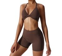 ABOCIW Workout Sets for Women 2 Piece Twist Front Halter Sports Bras High Waist Booty Shorts Exercise Gym Yoga Outfit, Coffee, Medium