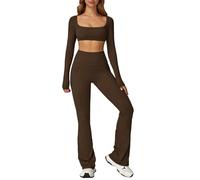 ABOCIW Workout Sets for Women 2 Piece Twist Front Long Sleeve Crop Tops High Waist Flared Leggings Gym Sets, Woman Clothes, Y-coffee, M