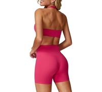 ABOCIW Workout Sets for Women 2 Piece V Neck Twist Back Sports Bra High Waist Biker Shorts Yoga Outfits, Halter Roseberry, S