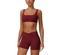 ABOCIW Workout Sets for Women Square Neck Sports Bra Crossover Waist Scrunch Butt Lifting Shorts 2 Piece Gym Set, Cherry Red, Medium